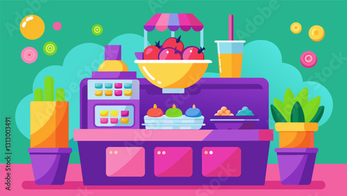 With its vibrant and colorful setup the Frozen Yogurt Parfait Station is not just a dessert bar but a feast for the eyes.. Vector illustration