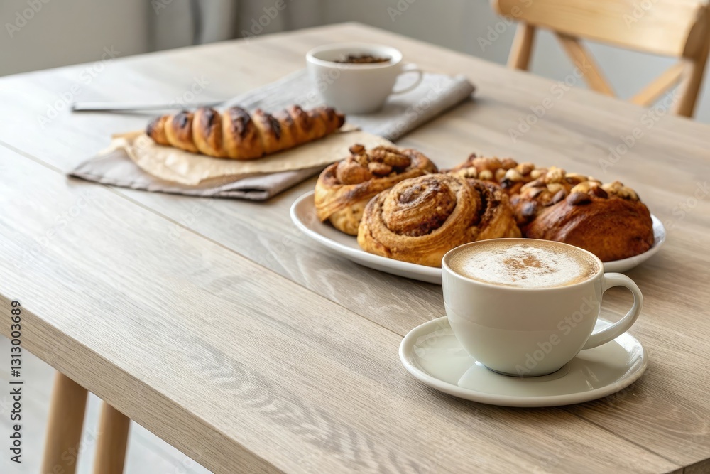 Light wood breakfast table with cappuccino and walnut braid brioches, baking, kitchen Light wood breakfast table with cappuccino and walnut braid brioches, baking, kitchen
