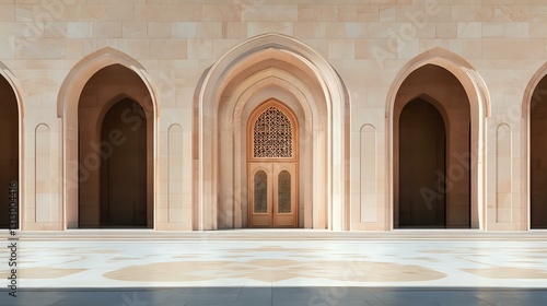 Elegant mosque interior with pointed arches and ornate wooden door  featuring symmetrical architecture in soft beige stone and marble flooring with geometric patterns.