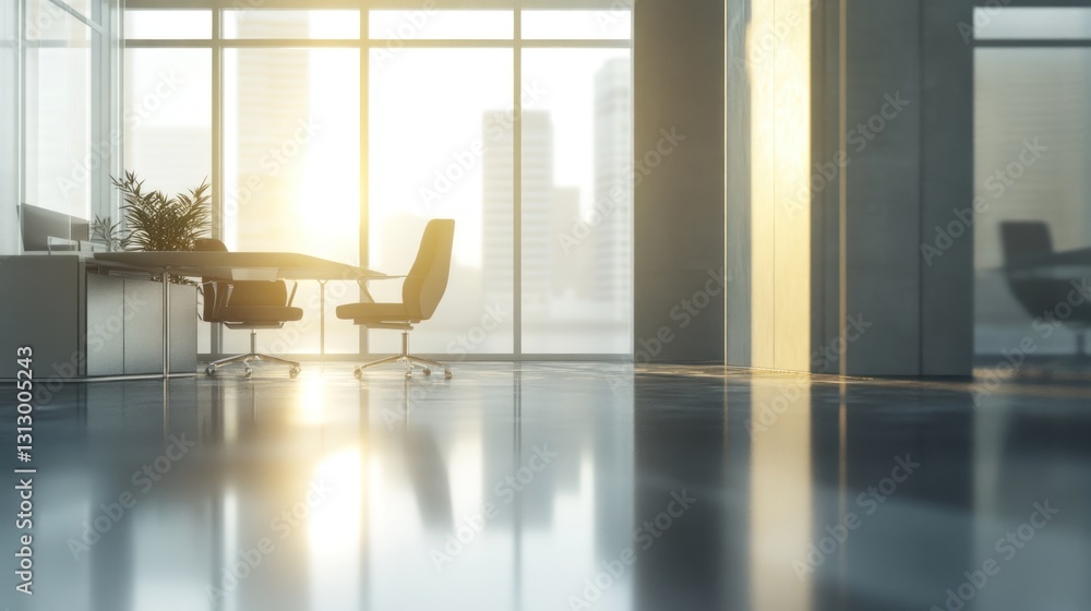 Fototapeta premium Modern office interior with large windows and reflective floor, illuminated by sunlight.
