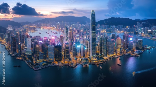 Hong Kong skyline sunrise, harbor, cityscape, urban development, Asia