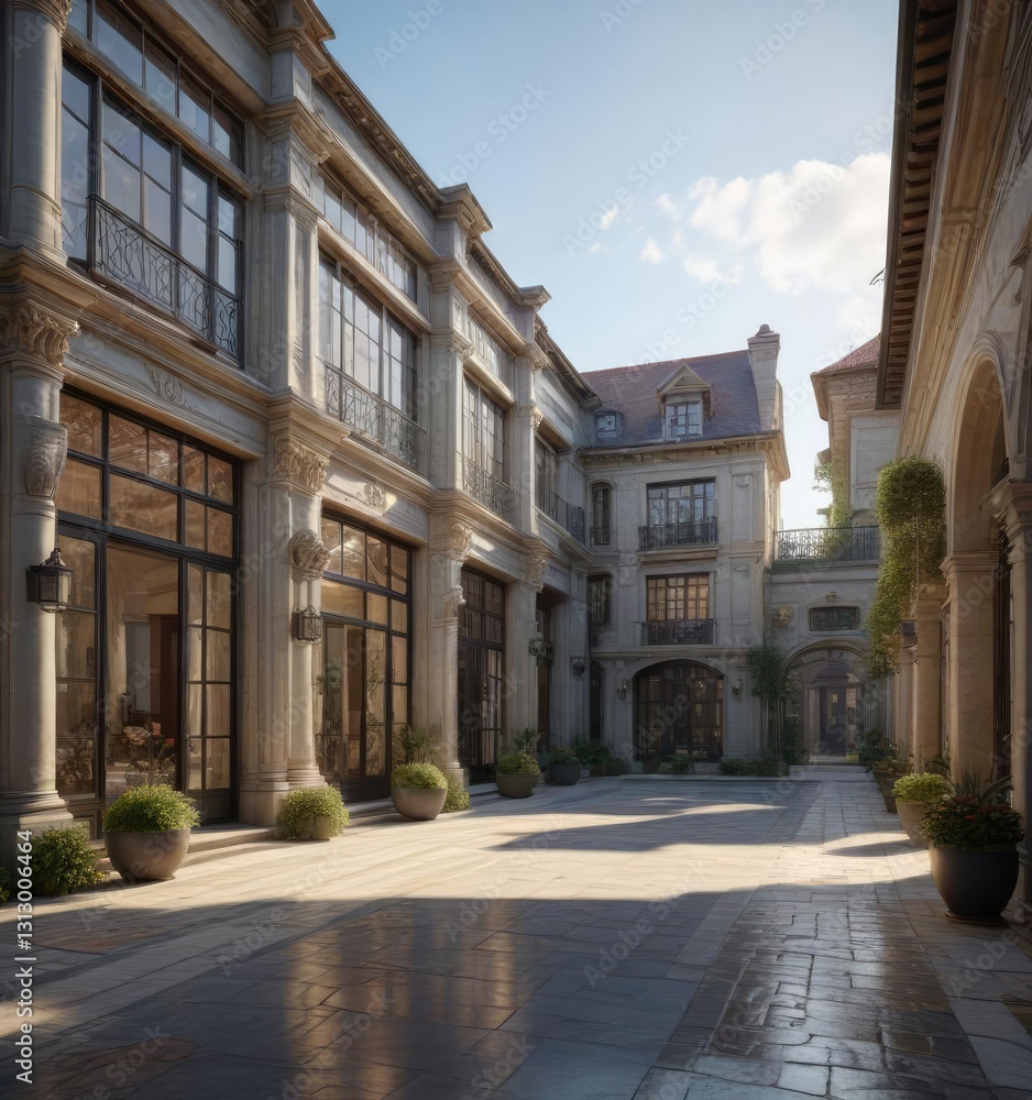 Luxury home with many windows and a large courtyard , luxury home, many windows, greenery Luxury home with many windows and a large courtyard , luxury home, many windows, greenery