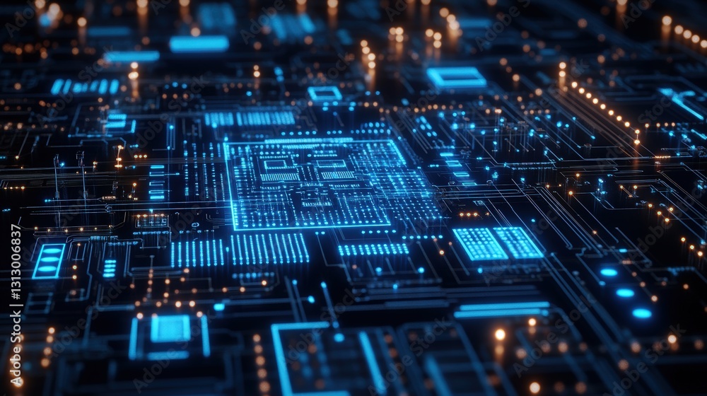 High-tech circuit board with striking blue lights illuminating intricate digital patterns and connections High-tech circuit board with striking blue lights illuminating intricate digital patterns and connections
