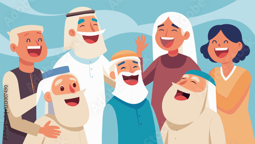 Smiling and laughing a group of senior citizens practice basic pleasantries in Arabic eager to surprise and impress their Middle Eastern neighbors.. Vector illustration