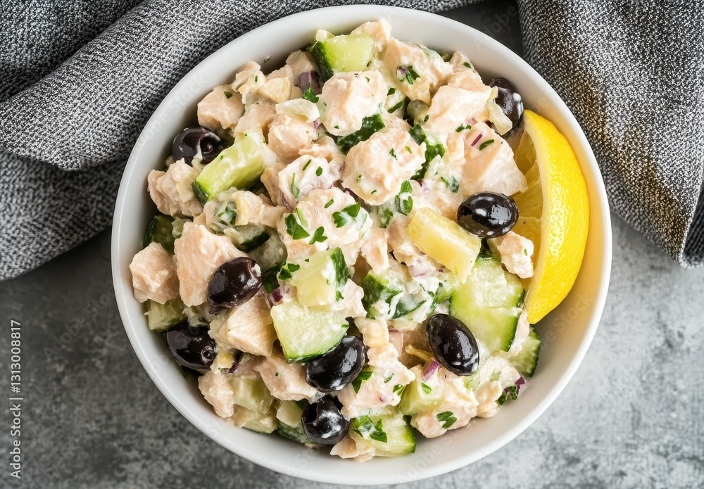 Fresh Chicken Salad with Cucumbers, Olives, and Lemon Wedge in a Bowl Over Textured Background for Healthy Eating and Meal Prep Ideas Fresh Chicken Salad with Cucumbers, Olives, and Lemon Wedge in a Bowl Over Textured Background for Healthy Eating and Meal Prep Ideas