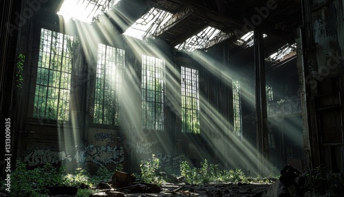 A dark  abandoned building with sunlight streaming in through the windows