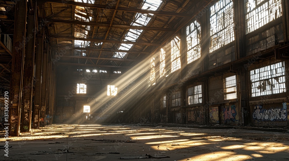 A large, empty building with sunlight shining through the windows A large, empty building with sunlight shining through the windows