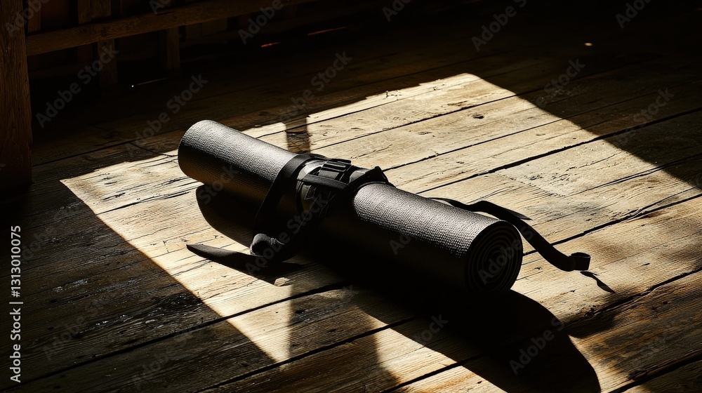 Obraz premium Rolled Yoga Mat on Wooden Floor Captured in Soft Morning Light