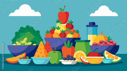 Piles of fresh fruits and vegetables neatly arranged on a table waiting to be chopped blended and turned into colorful healthy snacks.. Vector illustration