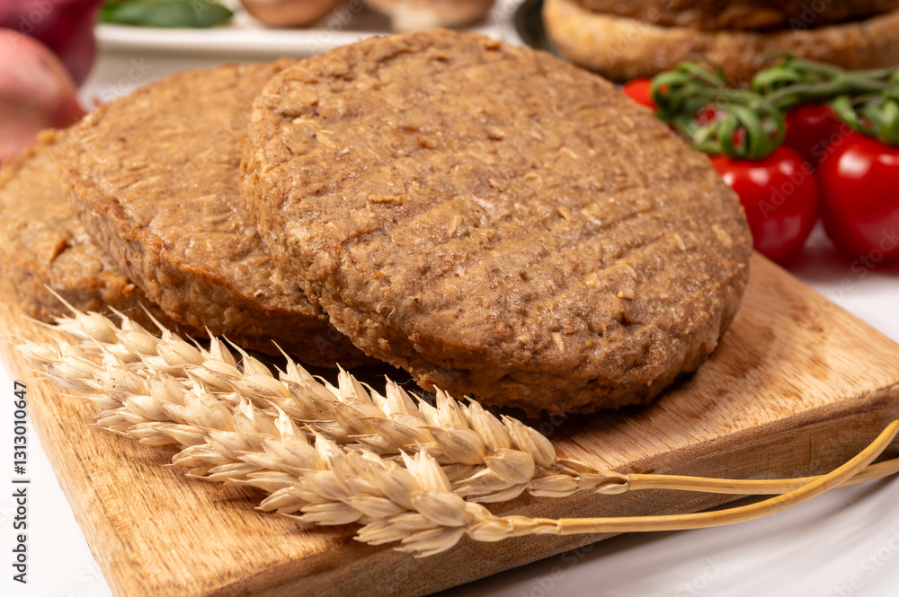 Φωτογραφία Round vegetarian patties or burgers made from grains, vital wheat gluten food, u