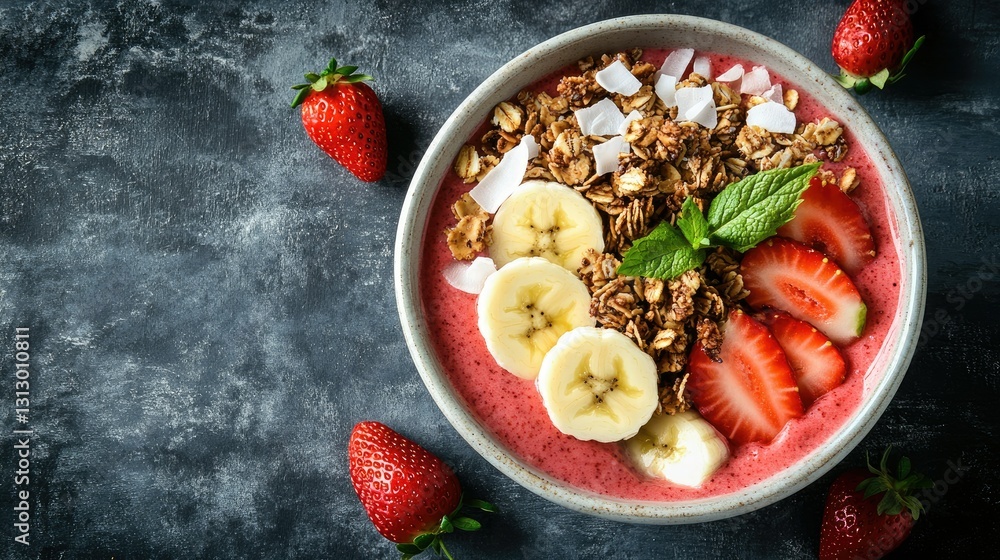 A bright and fresh strawberry banana smoothie bowl, loaded with crunchy granola and coconut flakes, overhead shot with copy space. A bright and fresh strawberry banana smoothie bowl, loaded with crunchy granola and coconut flakes, overhead shot with copy space.
