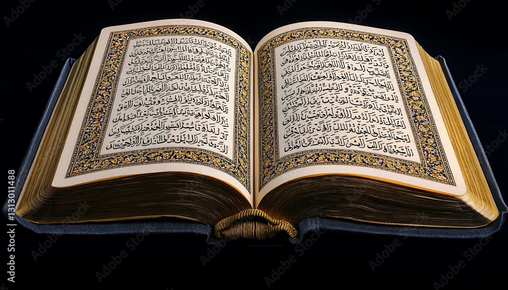 Fototapeta premium Ornate Gold Book With Arabic Script On Black Background
