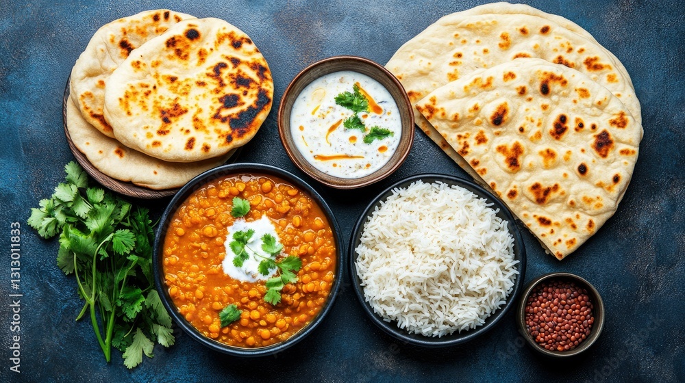 A comforting and aromatic meal featuring red lentil soup with coconut milk, fluffy basmati rice, and soft naan bread, beautifully arranged on a dark blue surface. A comforting and aromatic meal featuring red lentil soup with coconut milk, fluffy basmati rice, and soft naan bread, beautifully arranged on a dark blue surface.