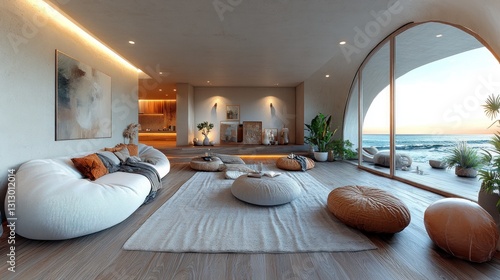 Modern, serene living space with large windows and natural elements.