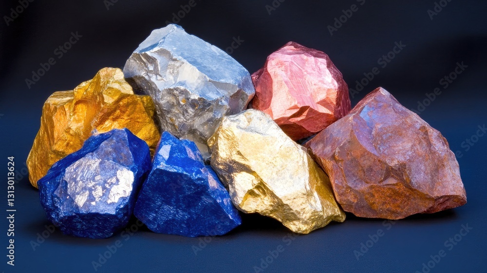 A pile of assorted rocks with metallic luster arranged on a dark navy backdrop. A pile of assorted rocks with metallic luster arranged on a dark navy backdrop.