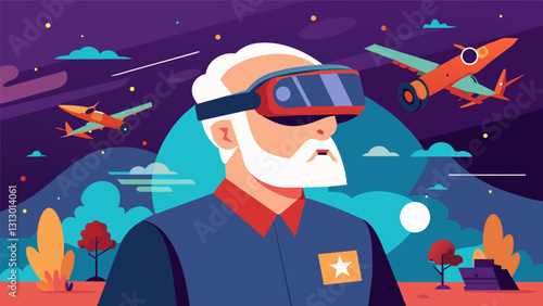 An old man using VR to revisit his time serving in the military watching historic battles and feeling a sense of pride and connection to his past.. Vector illustration