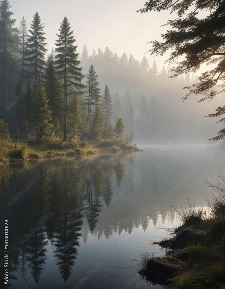 Misty forest around the edge of a lake at dawn, foggy woods, misty scene Misty forest around the edge of a lake at dawn, foggy woods, misty scene