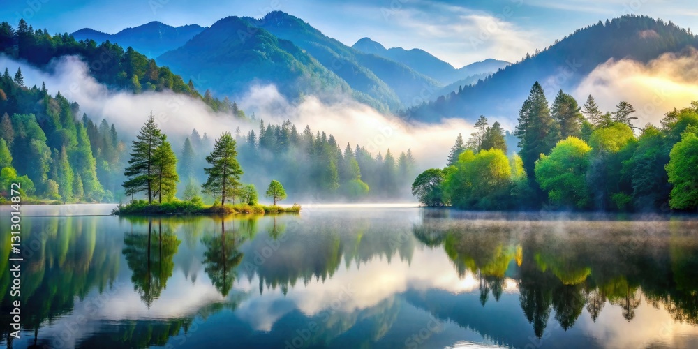 Misty mountain landscape with a serene lake and surrounding trees, rocky terrain, natural beauty, serene landscape Misty mountain landscape with a serene lake and surrounding trees, rocky terrain, natural beauty, serene landscape