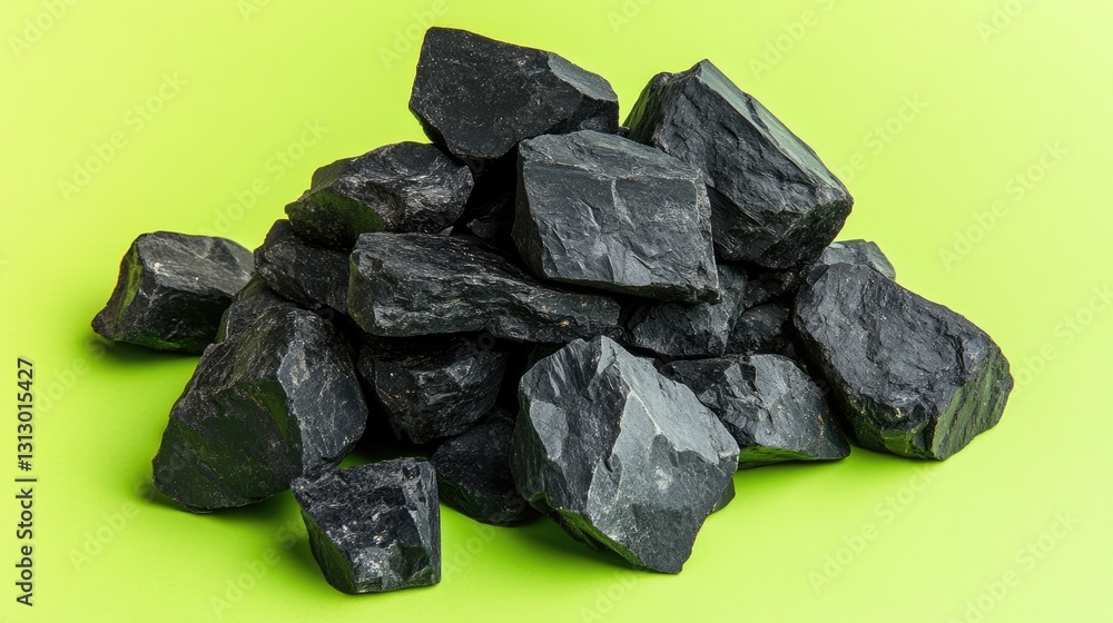 A rugged stack of coal-black stones on a striking lime green background. A rugged stack of coal-black stones on a striking lime green background.