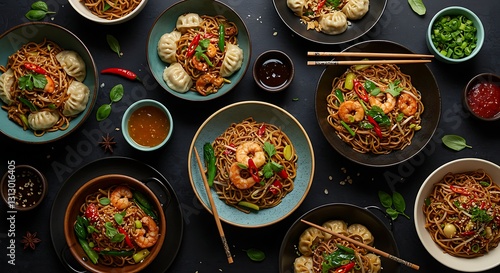 Minimalist restaurant-themed advertising banner showcasing delicious food items at the borders, leaving ample copy space
