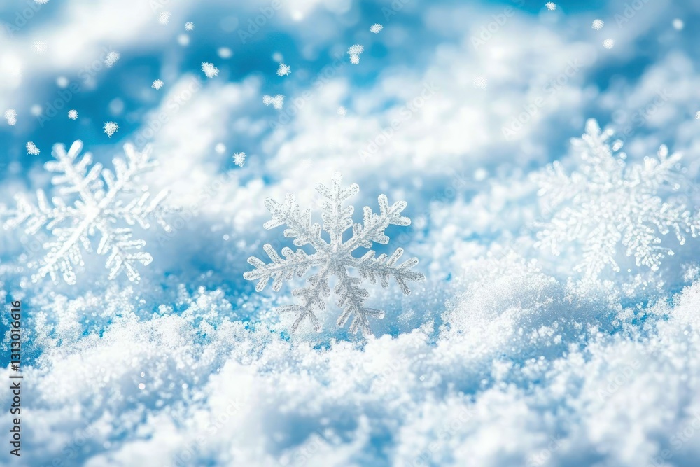 Winter snowflakes falling on snow, blue background, holiday card Winter snowflakes falling on snow, blue background, holiday card