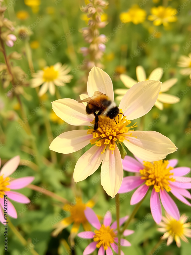 Obraz premium Common Eastern Bumble Bee (Bombus impatiens) on Showy Goldenrod (Solidago speciosa) in bright summer field