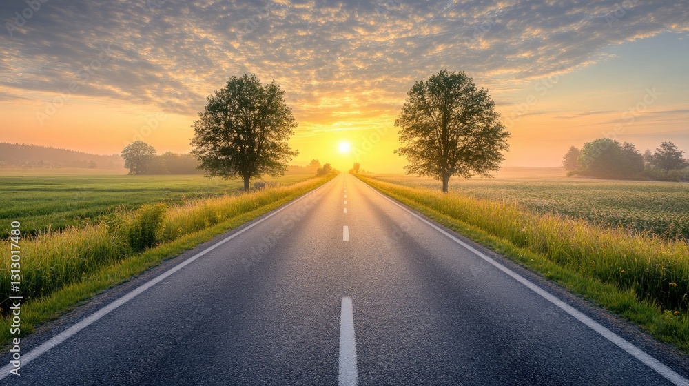 A straight road with symmetrical trees on both sides, leading toward a sunrise. A straight road with symmetrical trees on both sides, leading toward a sunrise.