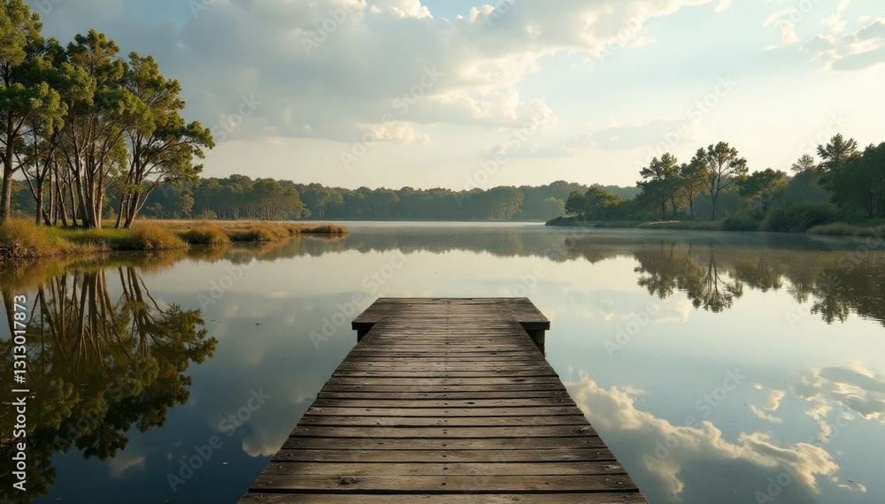 Obraz premium Muddy water reflections on a pier over dry lake swamp, global warming, swamp, environment