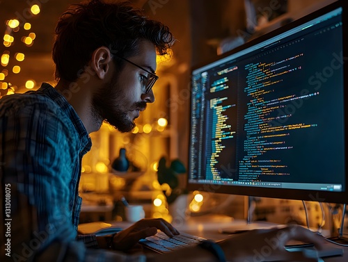 Fototapeta Dedicated developer working on computer to create innovative ai algorithms in a modern tech environment with focus