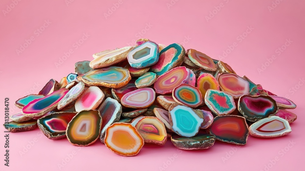 A vibrant collection of tumbled agate stones forming a pile on a neon pink backdrop. A vibrant collection of tumbled agate stones forming a pile on a neon pink backdrop.