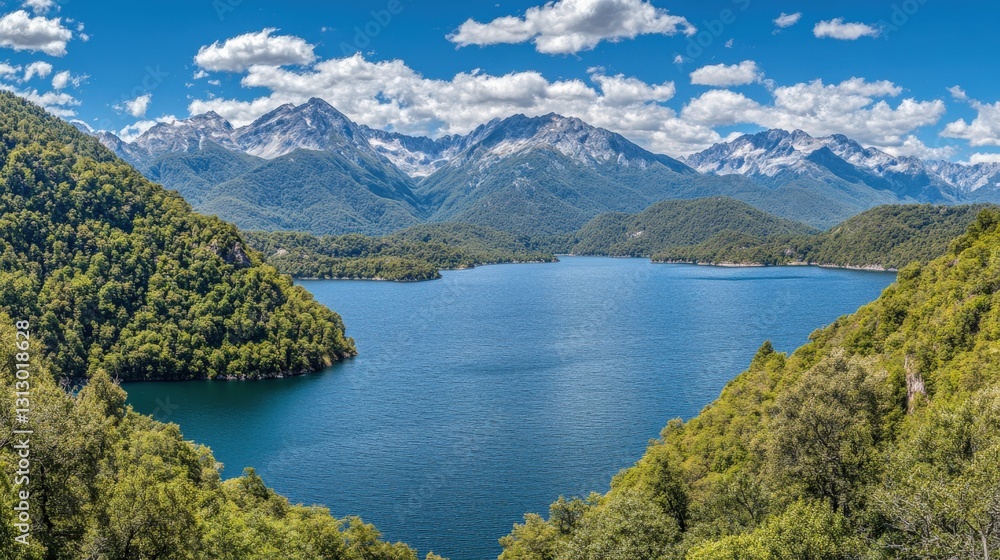 Serene mountain lake surrounded by lush greenery and majestic peaks under a blue sky Serene mountain lake surrounded by lush greenery and majestic peaks under a blue sky