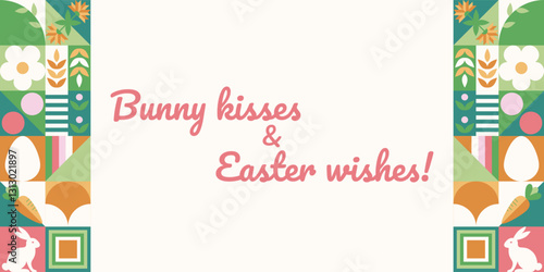 Wielkanocny baner z życzeniami i mozaiką z świątecznymi symbolami. Wiosenny geometryczny wzór z królikiem, jajkami i kwiatami.