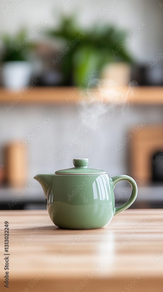 Fototapeta premium Green ceramic teapot with steam on wooden table in modern kitchen