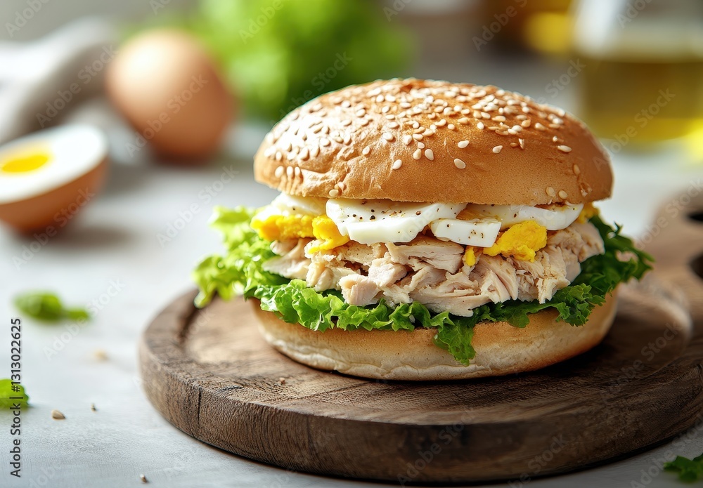 Freshly Prepared Chicken Sandwich with Lettuce and Egg on a Wooden Board Surrounded by Natural Ingredients and Fresh Produce Freshly Prepared Chicken Sandwich with Lettuce and Egg on a Wooden Board Surrounded by Natural Ingredients and Fresh Produce