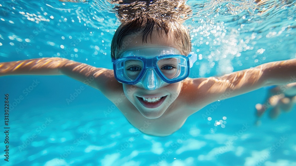 Naklejka premium A young boy is swimming in a pool wearing goggles and a blue swimsuit