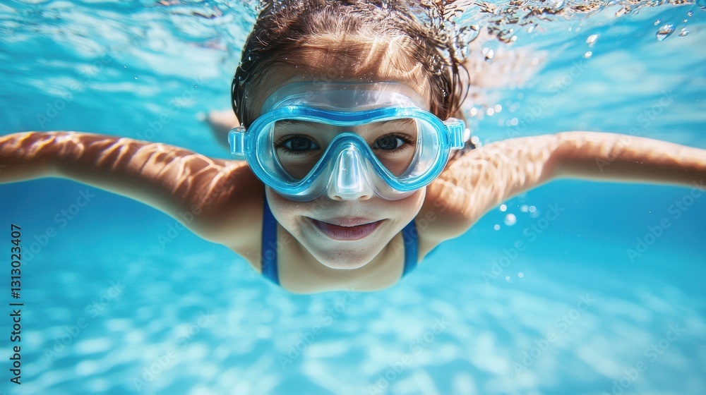 Naklejka premium A young girl is swimming in a pool wearing a blue swimsuit and goggles