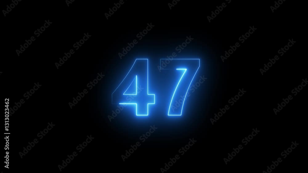 Abstract glowing neon text 47 number countdown icon. Glowing sign on black background Neon number 47 with alpha channel, simple blue neon color. Seamless loop style animation Abstract glowing neon text 47 number countdown icon. Glowing sign on black background Neon number 47 with alpha channel, simple blue neon color. Seamless loop style animation