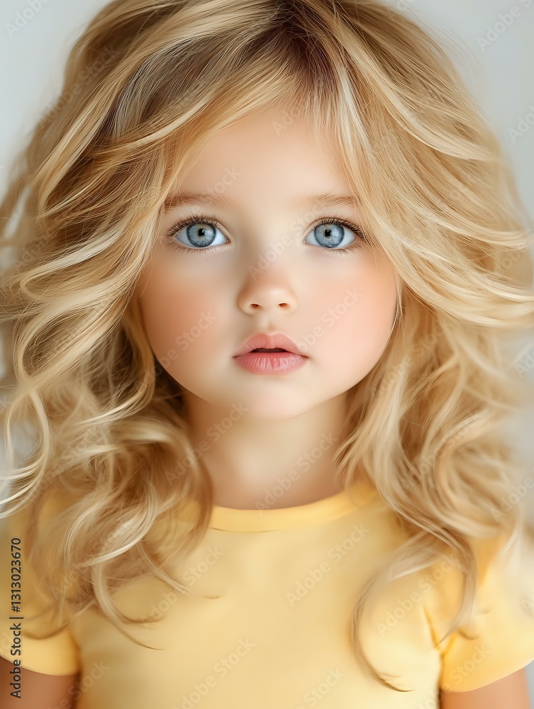 Young Caucasian girl with bright blue eyes and wavy blonde hair wearing yellow t-shirt, soft portrait with natural makeup and gentle expression against light background. Young Caucasian girl with bright blue eyes and wavy blonde hair wearing yellow t-shirt, soft portrait with natural makeup and gentle expression against light background.