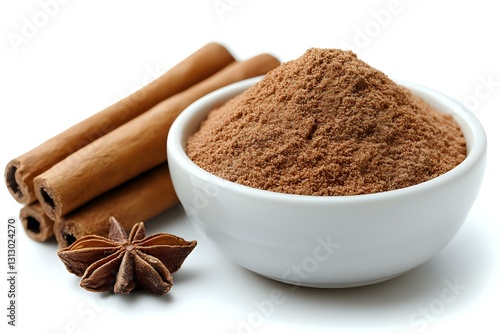 Ground cinnamon powder in white ceramic bowl with whole cinnamon sticks and star anise on white background, macro food photography for cooking and baking.