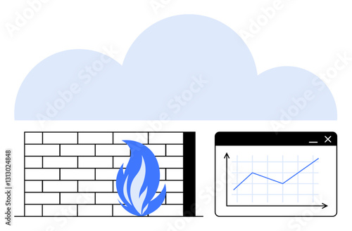 Cloud dominates above a firewall with flame and a data chart showing upward trends. Ideal for cybersecurity, internet protection, cloud computing, technological growth, safety analytics, data