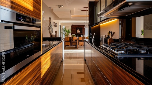 Luxury Modern Kitchen Interior Design  Sleek Wood Cabinets and High-End Appliances