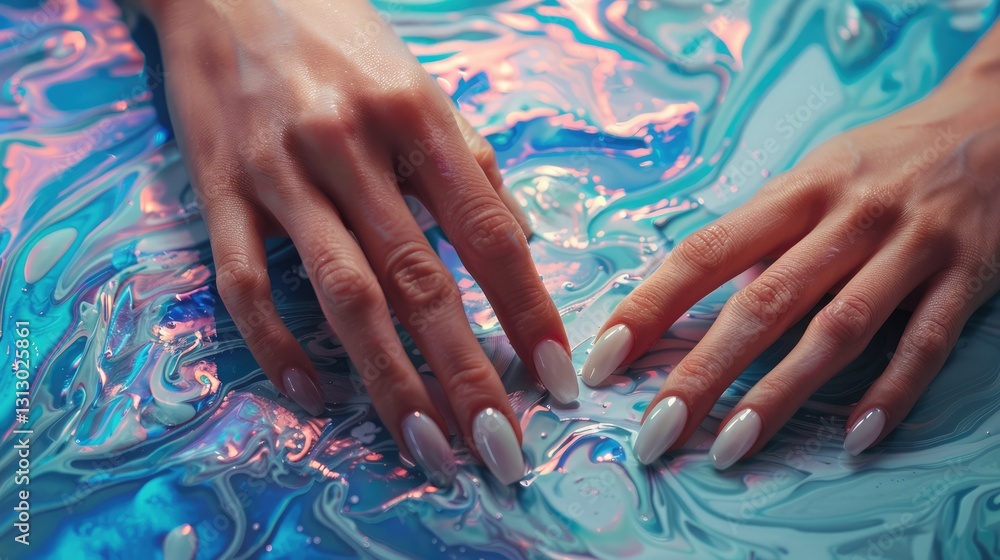 Fototapeta premium Close-up of elegantly manicured hands interacting with colorful, swirling paint on a glossy surface, creating vibrant patterns