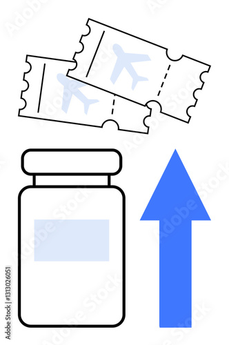 Airplane tickets, pill bottle, blue arrow signifying travel growth, health, prescription costs increase. Ideal for travel, airline industry, healthcare costs, tourism economics lifestyle flat