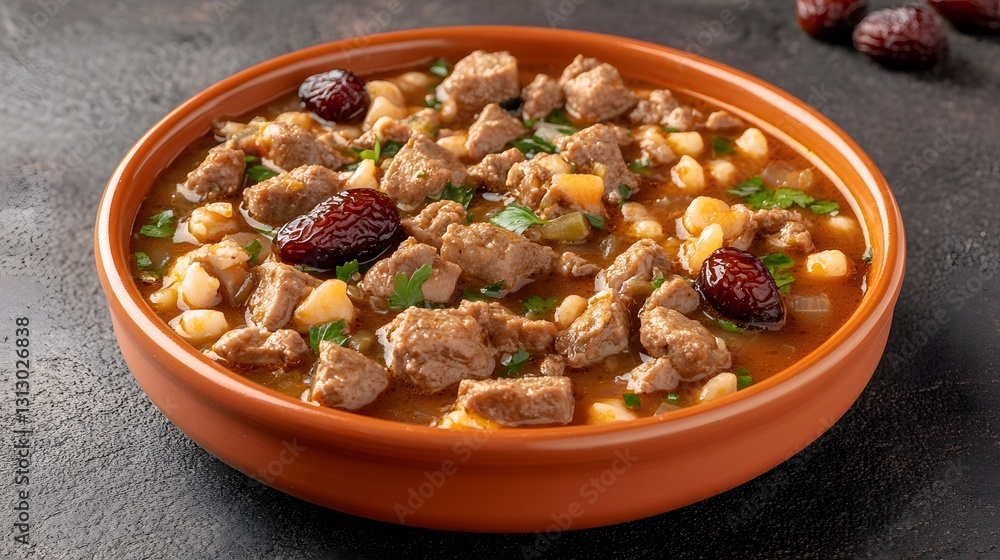 Fototapeta premium Delicious Lamb Stew with Barley and Dried Apricots