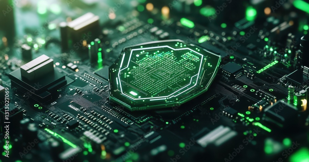 Fototapeta premium Futuristic Circuit Board with Green Lights and Microchip Design, Digital Technology Concept for High-Tech Innovations and Modern Electronics