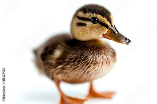 Baby mallard duckling with brown feathers and distinctive stripe pattern on head standing on white background, isolated wildlife portrait for nature publications.