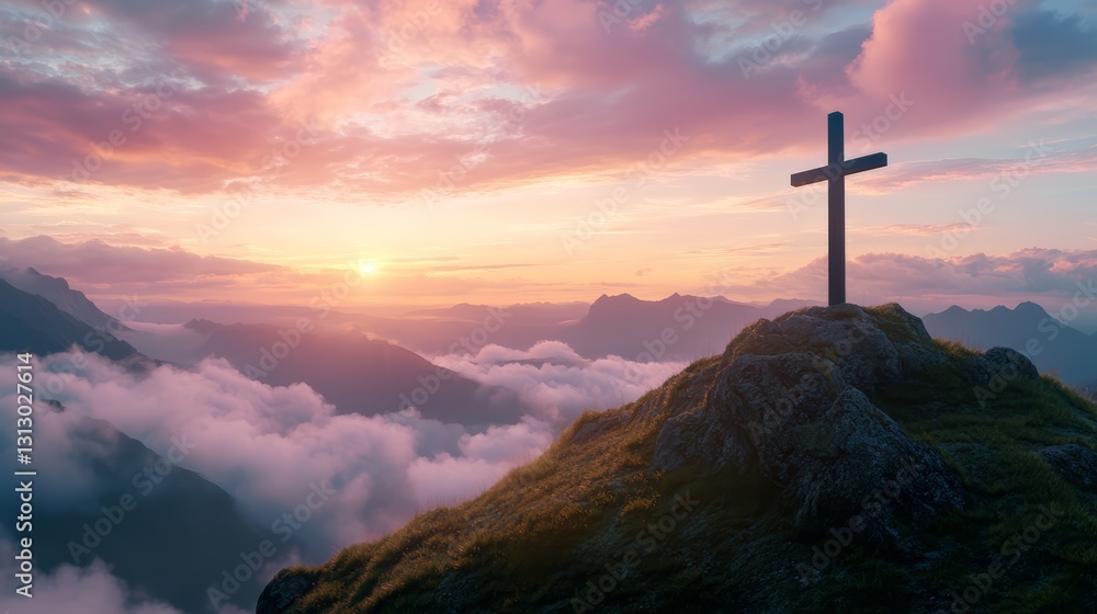 Christian cross at the top of a mountain with sunlight breaking through the clouds symbolizing the resurrection of Jesus Christ. Christianity, crucifix, religion, landscape and heaven concept. Christian cross at the top of a mountain with sunlight breaking through the clouds symbolizing the resurrection of Jesus Christ. Christianity, crucifix, religion, landscape and heaven concept.