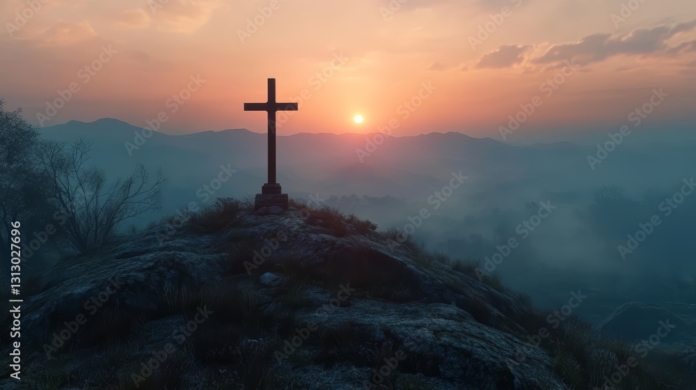 Christian cross at the top of a mountain with sunlight breaking through the clouds symbolizing the resurrection of Jesus Christ. Christianity, crucifix, religion, landscape and heaven concept. Christian cross at the top of a mountain with sunlight breaking through the clouds symbolizing the resurrection of Jesus Christ. Christianity, crucifix, religion, landscape and heaven concept.