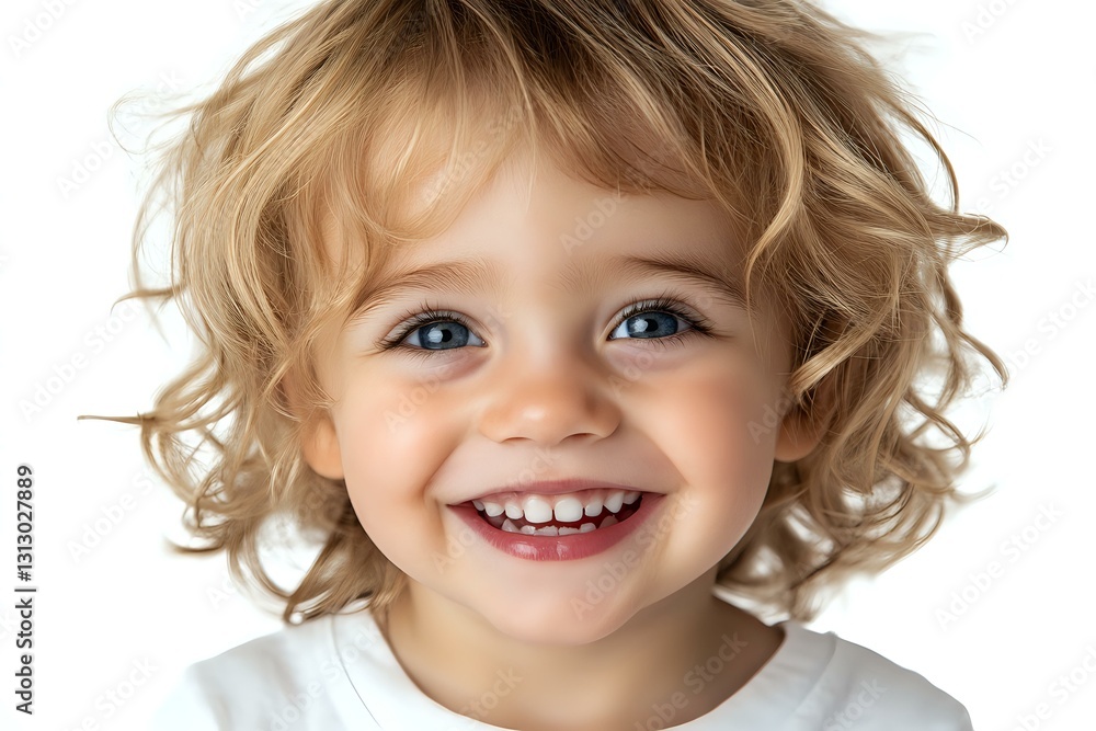 Cheerful Caucasian toddler with curly blonde hair and bright blue eyes wearing white t-shirt, showing genuine smile with teeth against white background. Cheerful Caucasian toddler with curly blonde hair and bright blue eyes wearing white t-shirt, showing genuine smile with teeth against white background.