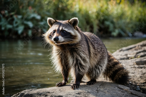 A raccoon standing on a log beside a serene lake surrounded by lush greenery. The scene captures the wildlife in its natural habitat, emphasizing tranquillity and connection with nature